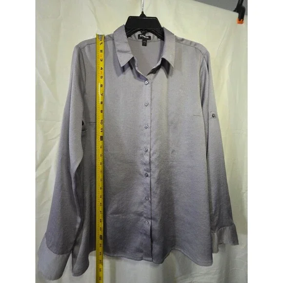 Express Women's Button Up Blouse Large Long Sleeve 100% Polyester Gray - Picture 2 of 4